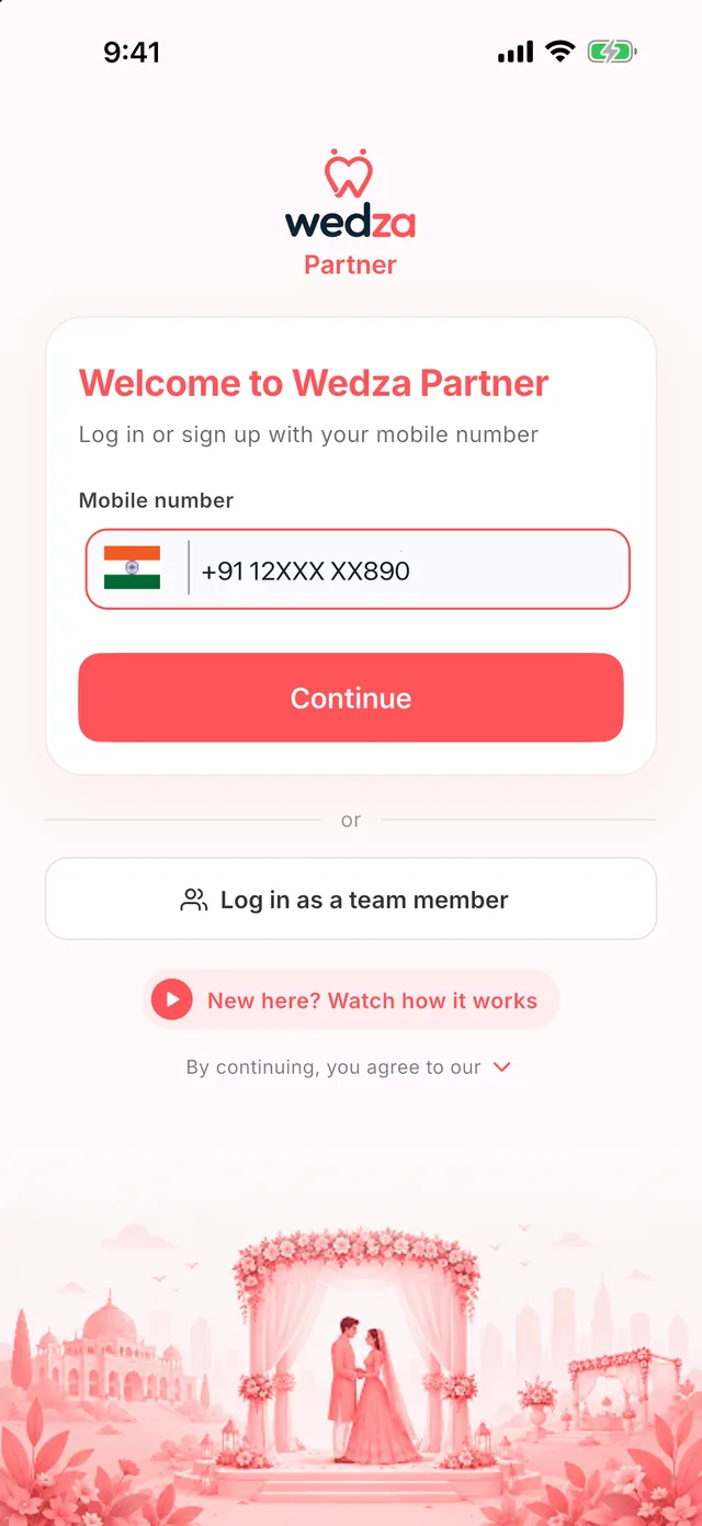 Wedza Partner app: Enter your mobile number
