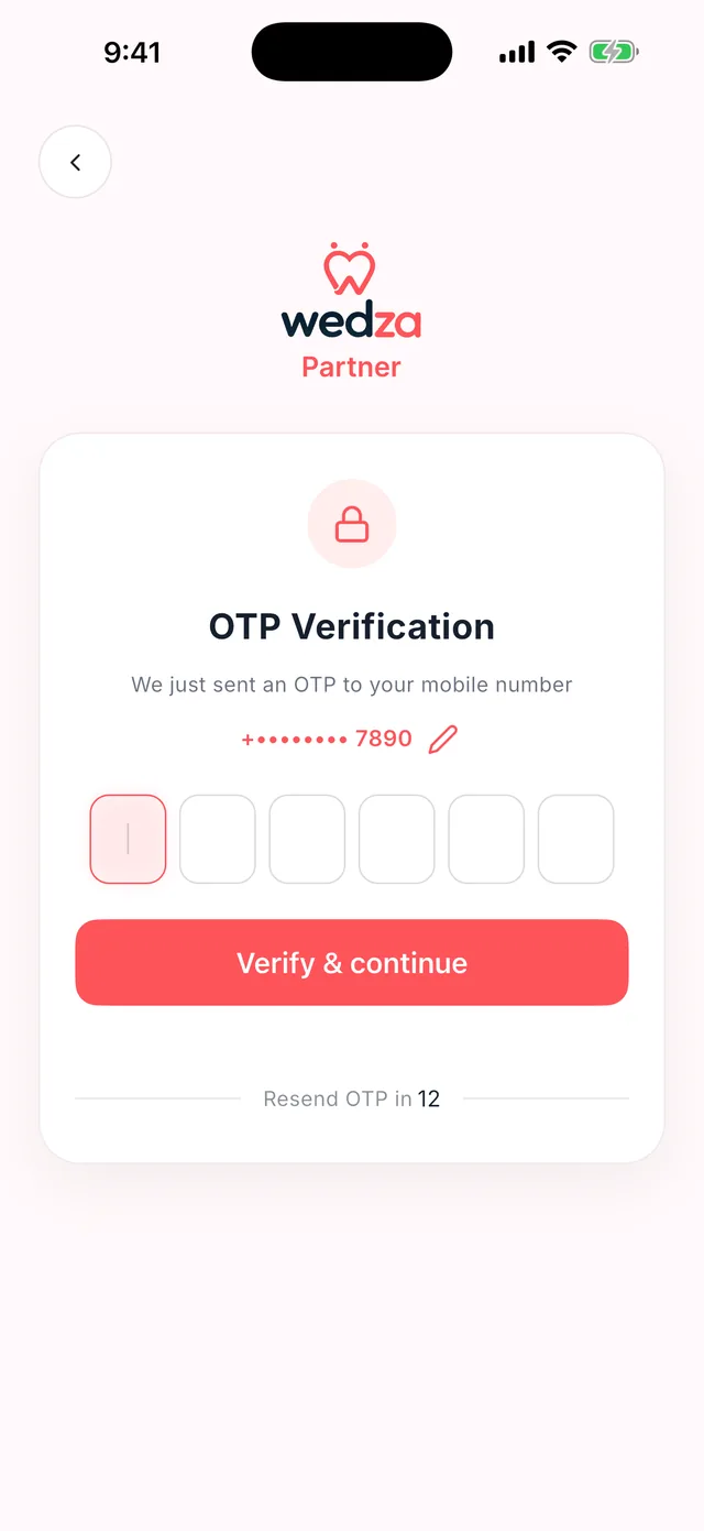 Wedza Partner app: Verify with OTP