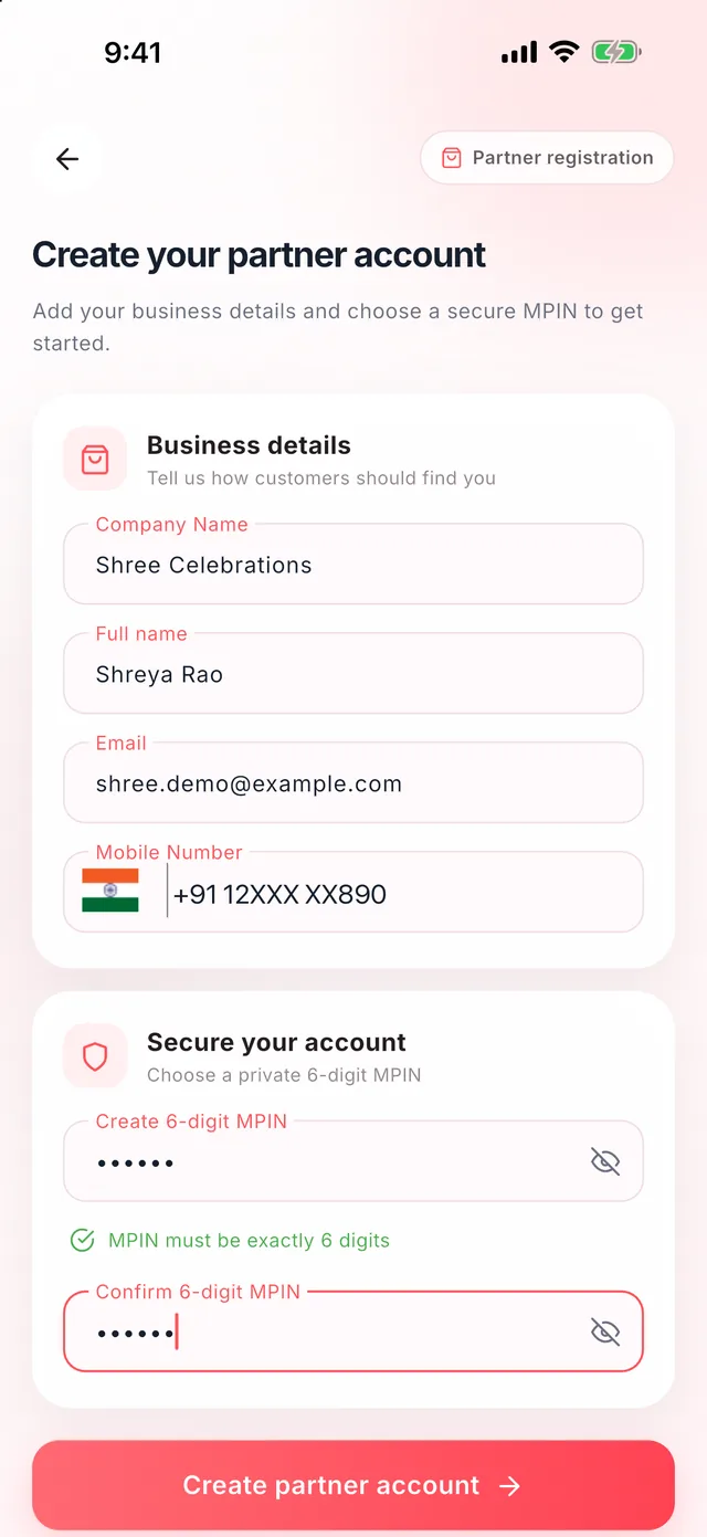 Wedza Partner app: Create your account
