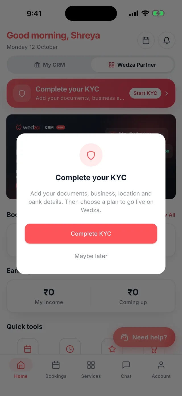 Wedza Partner app: Complete KYC at any stage