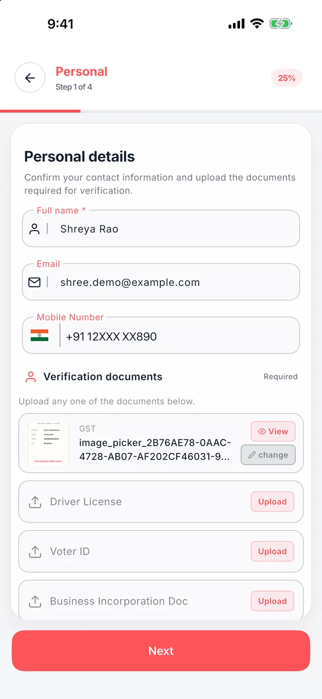 Wedza Partner app: Step 1: your details