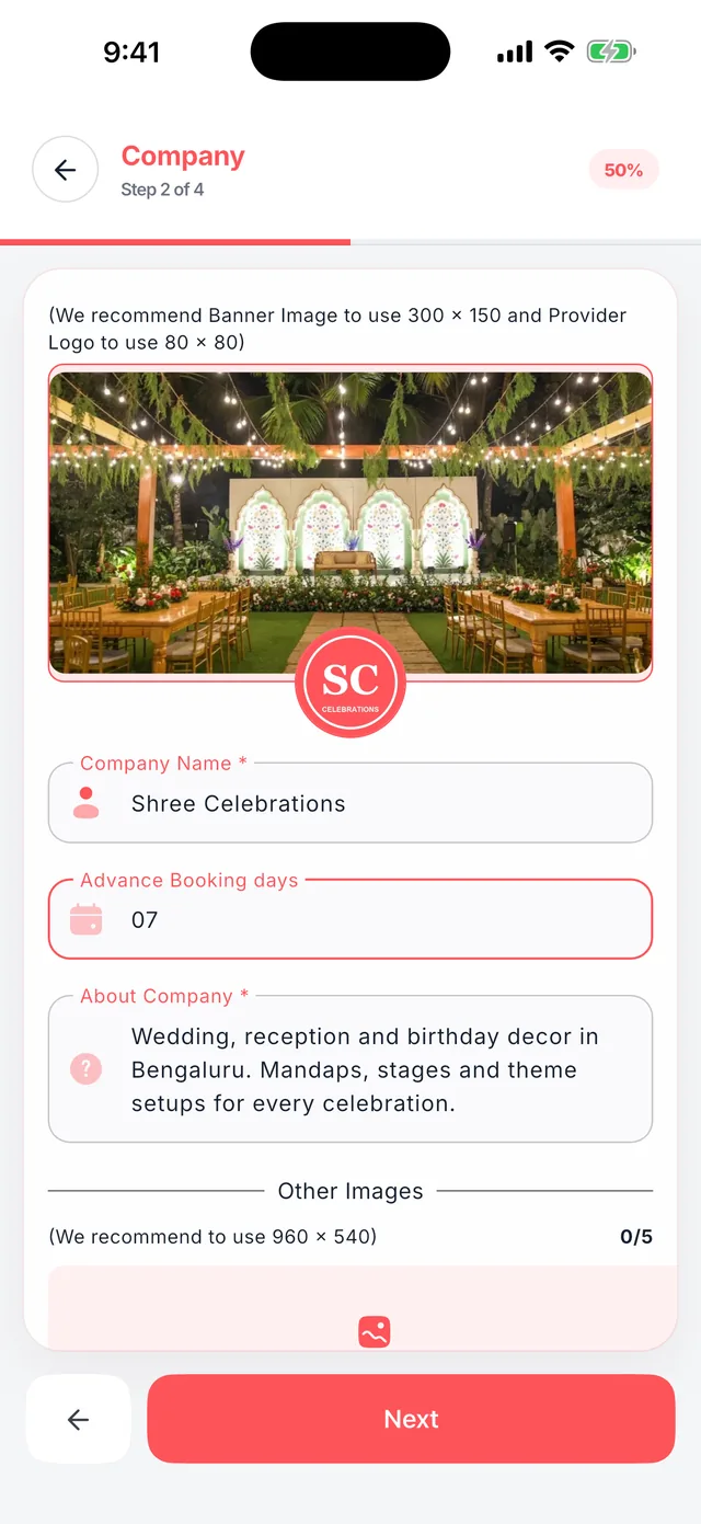 Wedza Partner app: Step 2: your company