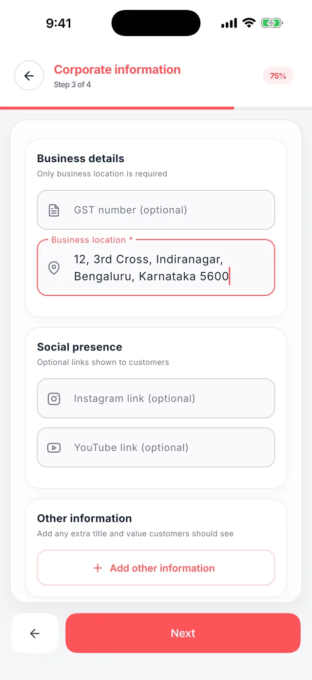 Wedza Partner app: Step 3: business info