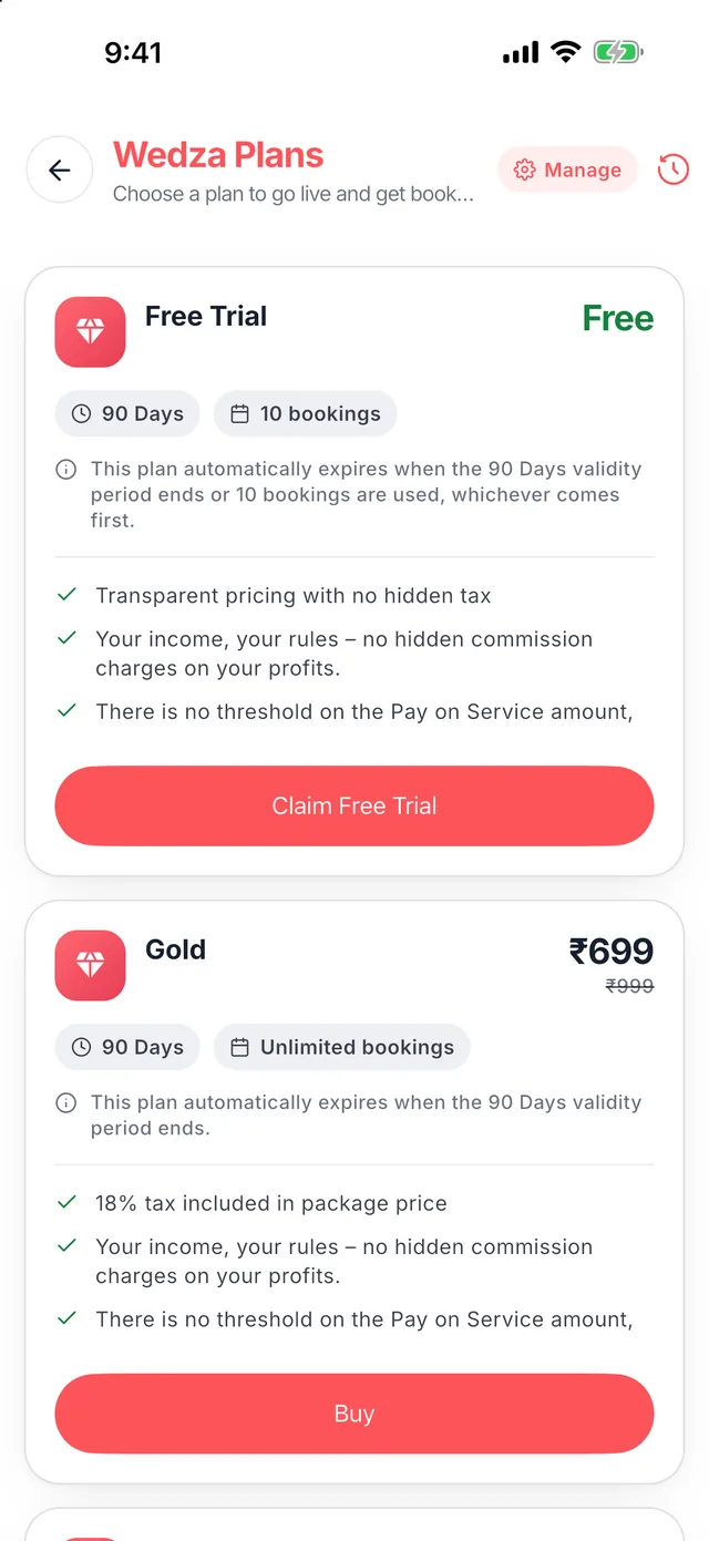 Wedza Partner app: Choose your plan
