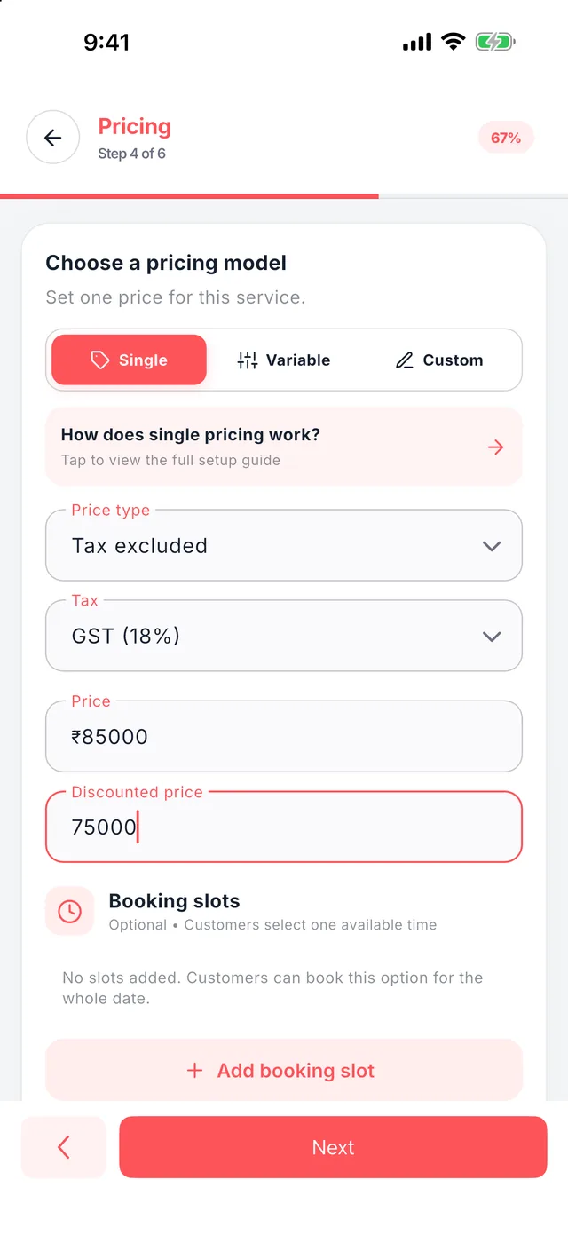Wedza Partner app: Set your price and GST