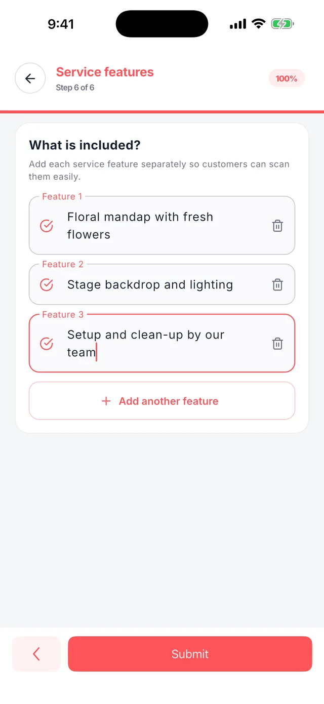 Wedza Partner app: List what is included