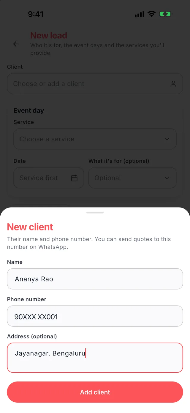 Wedza Partner app: Add a client