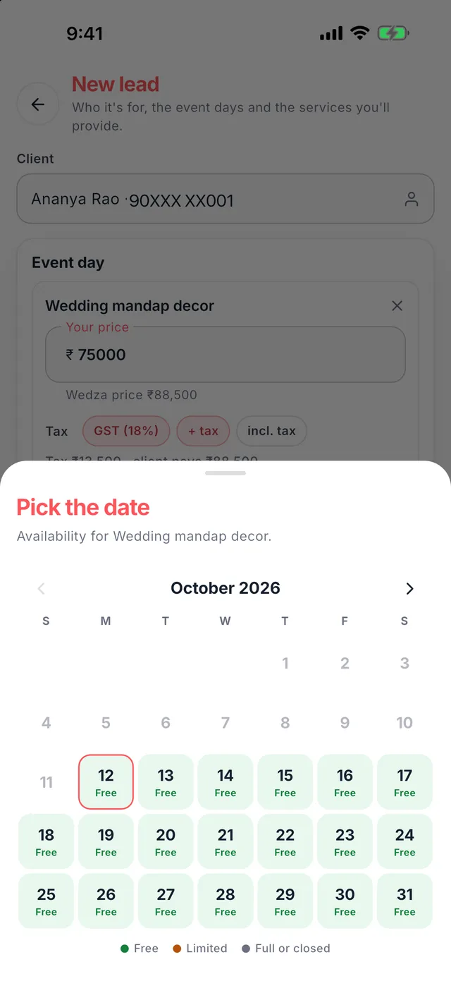 Wedza Partner app: Pick a free date