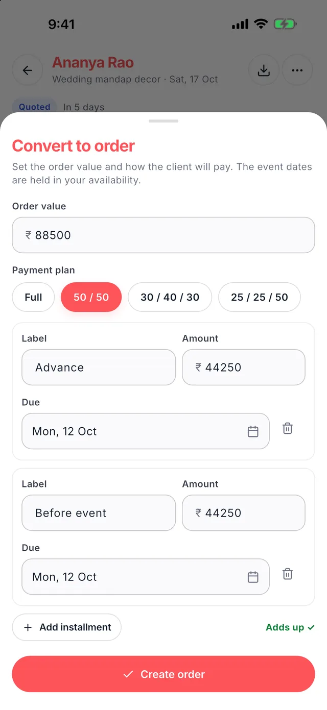 Wedza Partner app: Convert to an order