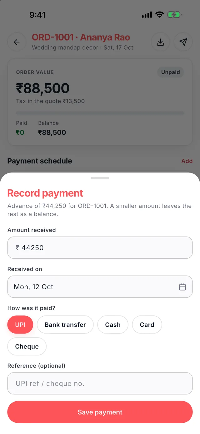 Wedza Partner app: Record each payment