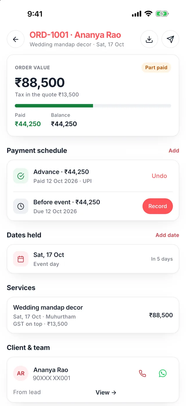 Wedza Partner app: See what is paid and due