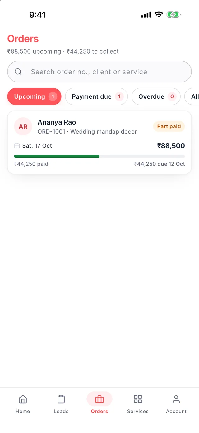 Wedza Partner app: All your orders