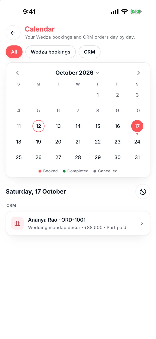 Wedza Partner app: Every booking by date