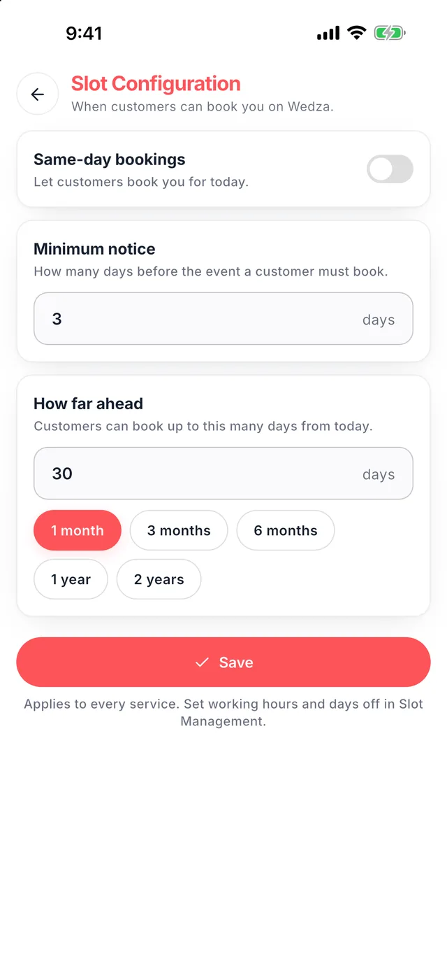 Wedza Partner app: Set your booking window