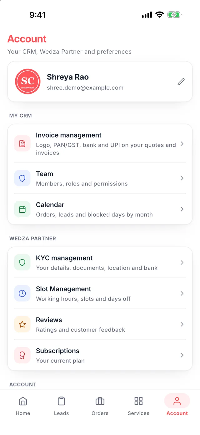 Wedza Partner app: Everything in Account