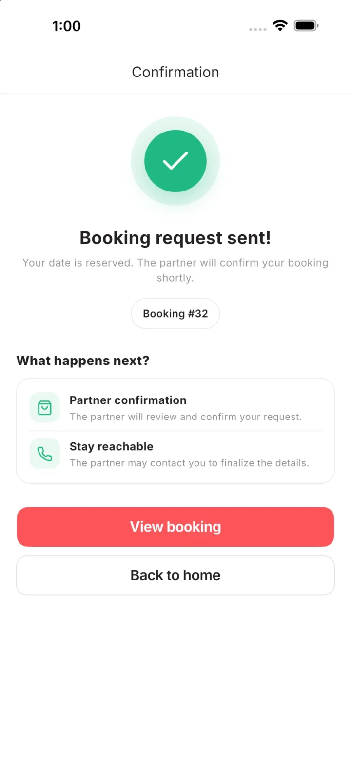 Booking request sent confirmation in Wedza