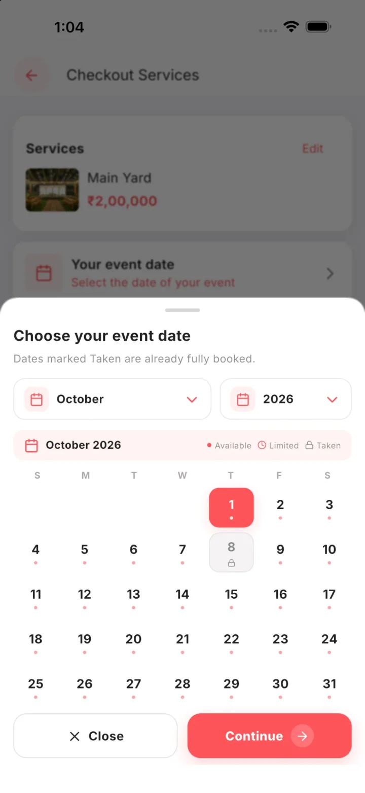 Choosing an event date with availability in Wedza