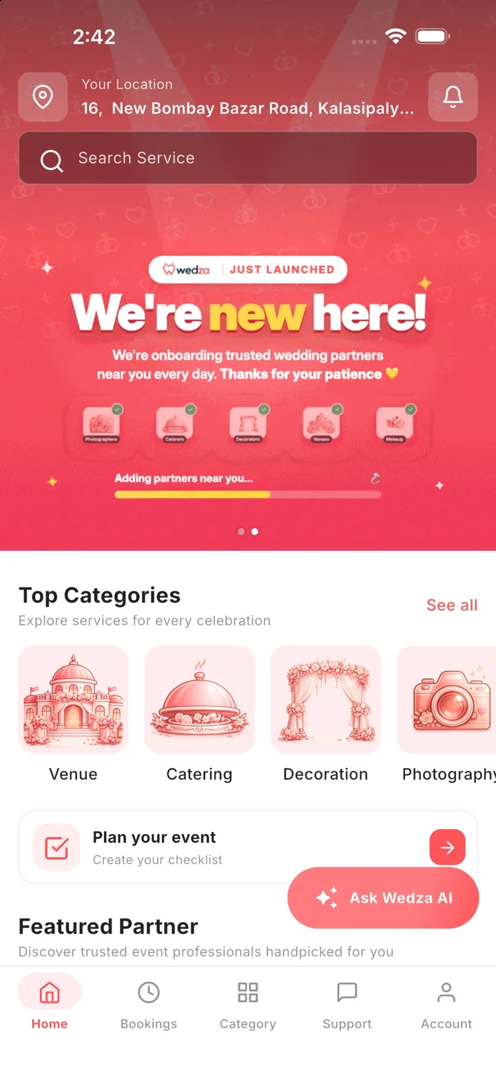 Wedza home screen with search and top categories