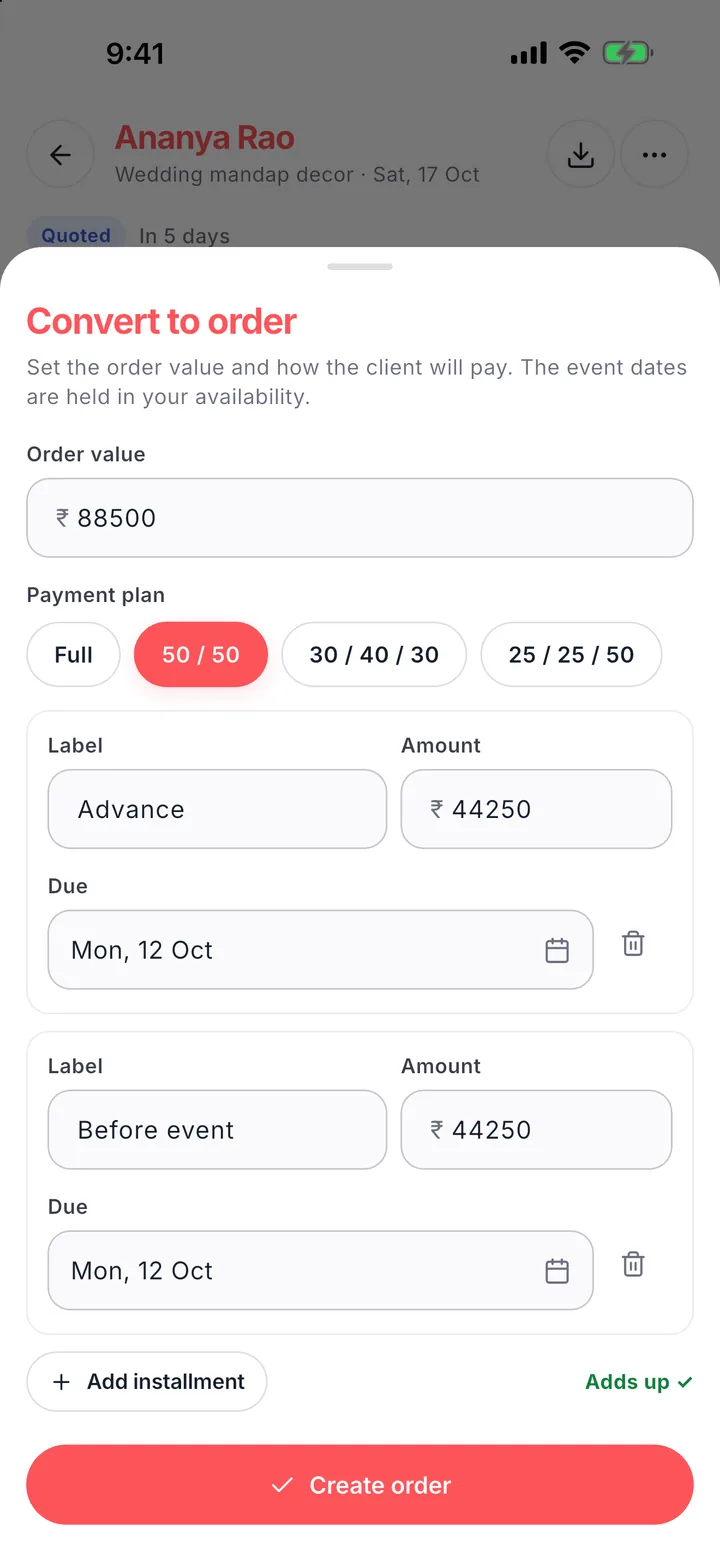 Converting a lead to an order with a 50/50 advance and balance payment plan