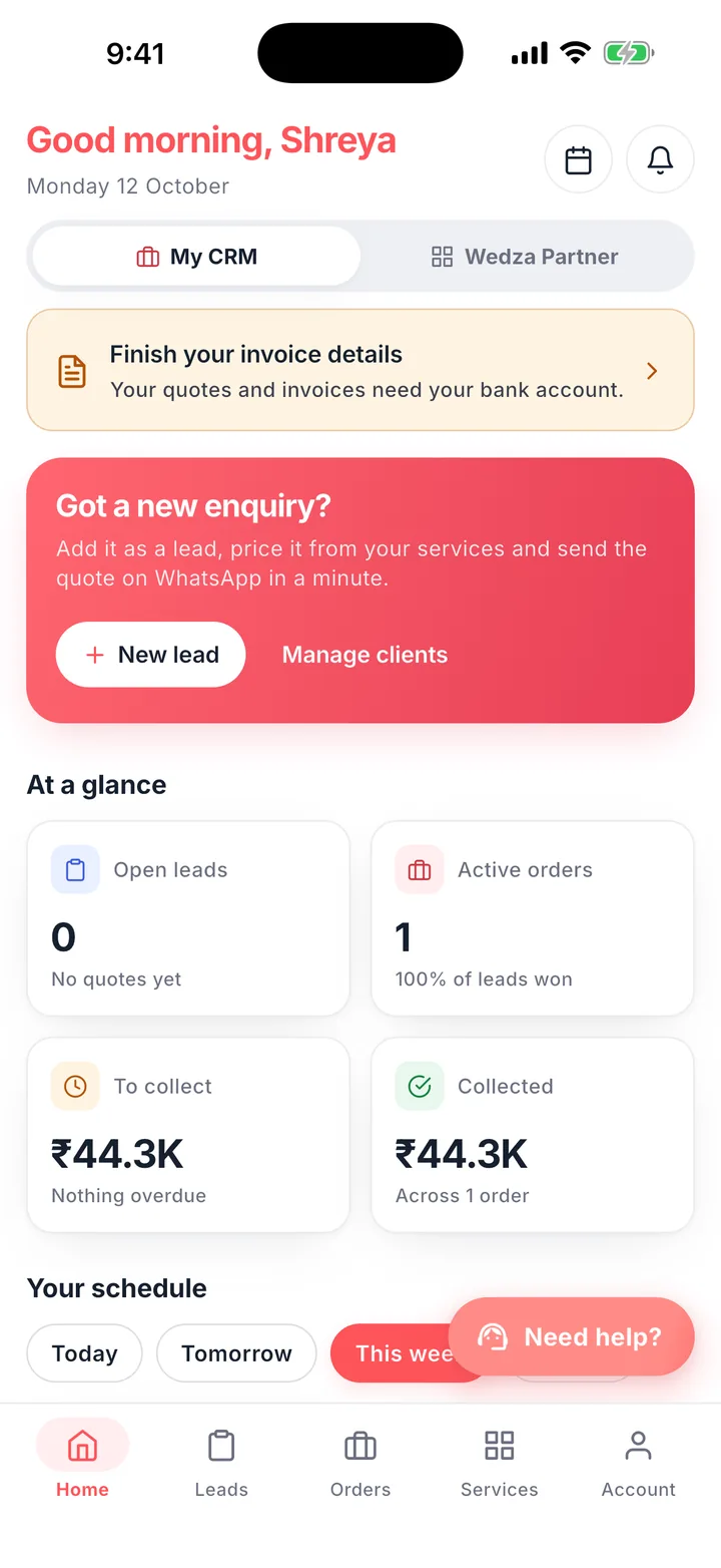 Wedza CRM home with open leads, active orders, money to collect and this week’s schedule