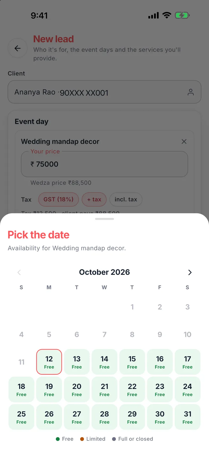 Picking an event date from free, limited and full days while adding a lead in Wedza CRM