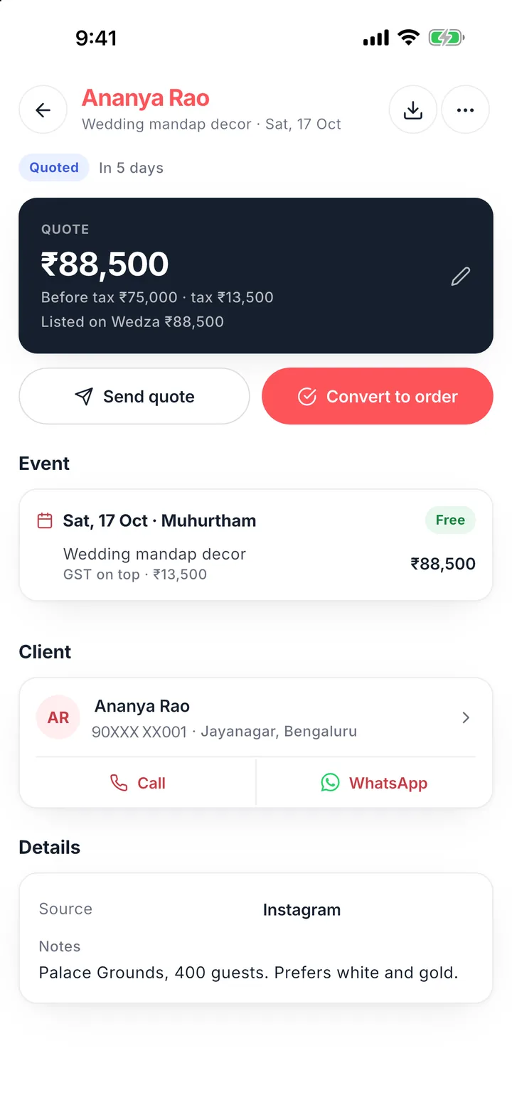 A wedding decor quote of ₹88,500 with GST, ready to send on WhatsApp from Wedza CRM