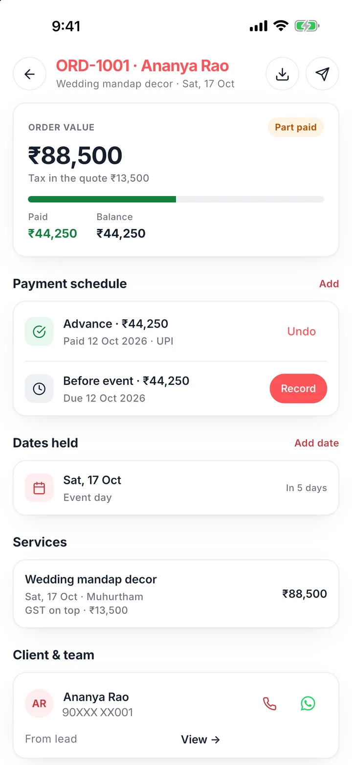 An order marked part paid with the advance received by UPI and the balance due