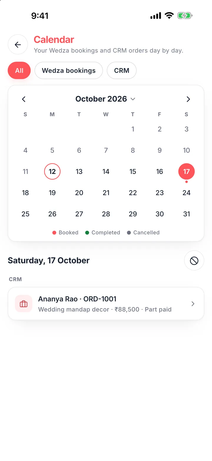 wedding booking calendar in the Wedza Partner app